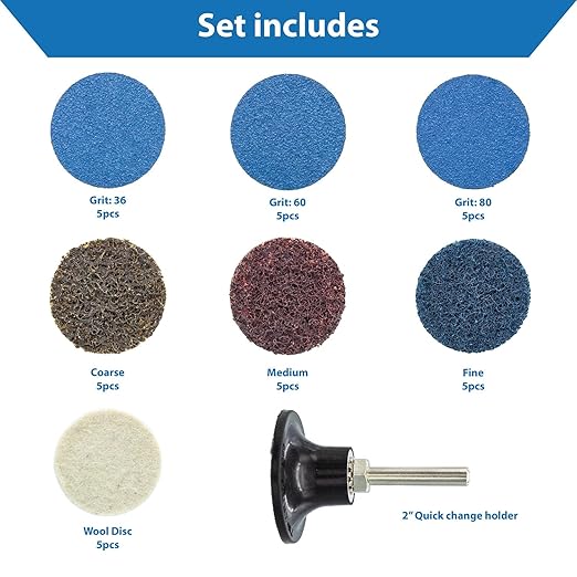 TJR® 2" Quick Change Discs Type R 35PCS Set with 1/4" Holder Roll Lock Type for Die Grinder – Ideal for Surface Conditioning, Burr Removal, Deburring, Grinding, Polishing, Rust and Paint Removal