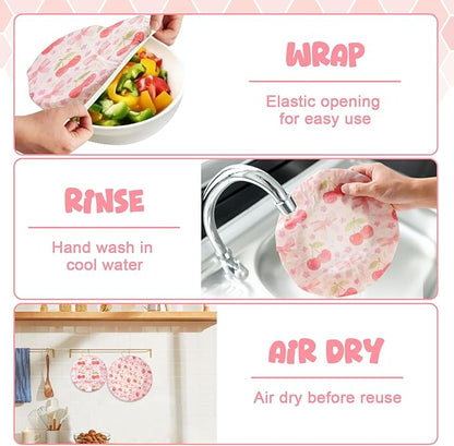 2-Pack Reusable Beeswax Bowl Covers with Pink Bow & Fruit Pattern, 10/12 Inch Elastic Cotton Food Storage Covers for Bread Proofing, Sourdough Dough & Kitchen Containers