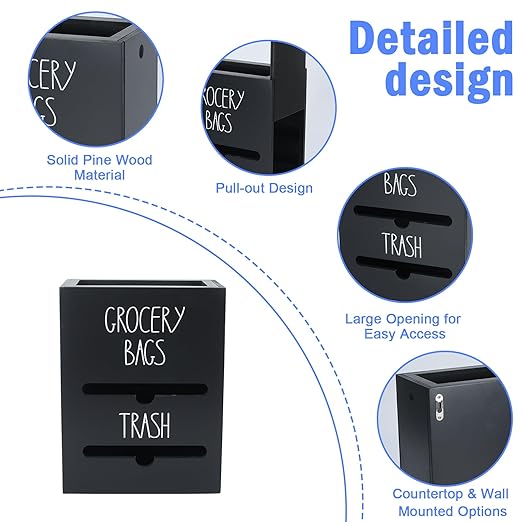 Trash Bag Dispenser, 2-in-1 Wall Mount Wooden Garbage Bag Holder, Under Sink Organizer for 4-13 Gallon Bags & Plastic Grocery Bags, Kitchen Cabinet Storage with Top Slot, Black