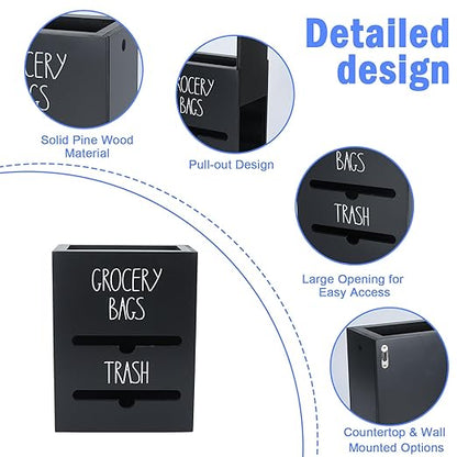 Trash Bag Dispenser, 2-in-1 Wall Mount Wooden Garbage Bag Holder, Under Sink Organizer for 4-13 Gallon Bags & Plastic Grocery Bags, Kitchen Cabinet Storage with Top Slot, Black
