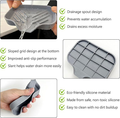 Grey Silicone Soap Dish – Sink Organizer with Drain Spout for Bathroom & Kitchen, Ideal for Dispensers, Cups, Scrubbers & Sponges on Countertops