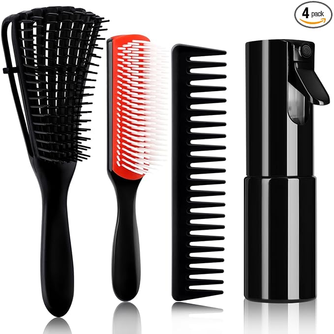 4pcs Curly Hair Brush Set for Adult & Kids, Wet or Dry, Detangling with Spray Bottle, Wide Tooth Comb (3+1, Red)