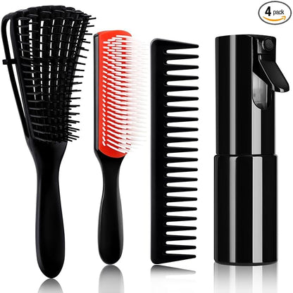 4pcs Curly Hair Brush Set for Adult & Kids, Wet or Dry, Detangling with Spray Bottle, Wide Tooth Comb (3+1, Red)