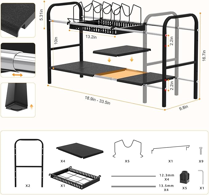 Under Sink Organizer 2 Tier Kitchen Storage Rack, Expandable Pot and Pan Organizer with Adjustable Height & 4 Dividers, Removable Kitchen Shelf for Cabinet, Countertop(4panels,1 Pot rack, Black)