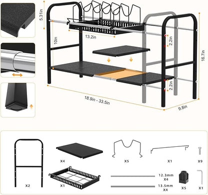 Under Sink Organizer 2 Tier Kitchen Storage Rack, Expandable Pot and Pan Organizer with Adjustable Height & 4 Dividers, Removable Kitchen Shelf for Cabinet, Countertop(4panels,1 Pot rack, Black)