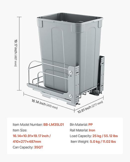 VEVOR Pullout Trash Can for Kitchen Cabinets, 35 QT Garbage Waste Recycling Bin, Under Mount Waste Container, with Heavy Duty Metal Soft Close Sliding System and Door Kit, for Sink, Under Counter