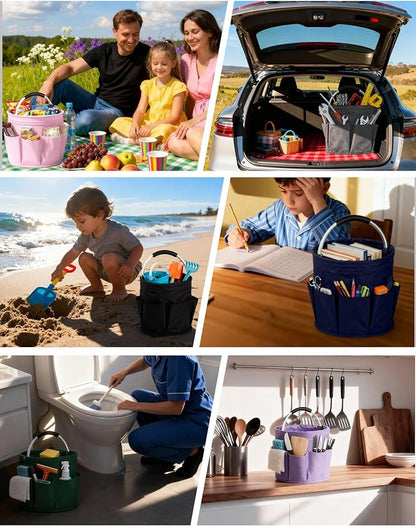 Cleaning Caddy with Handle, Cleaning Products Organiser, Foldable Storage Basket, Large Supply Organiser 17L with 6 Pockets, Portable Cleaning Caddy for Home & Garden (Purple)