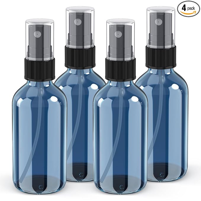 Wedama 4 oz Mini Glass Spray Bottles, Empty Small Spray Bottles with Funnel Dropper, Fine Mist for Hair, Travel, Plants, Cleaning Solutions and Skin Care (4 Pack Indigo Blue)