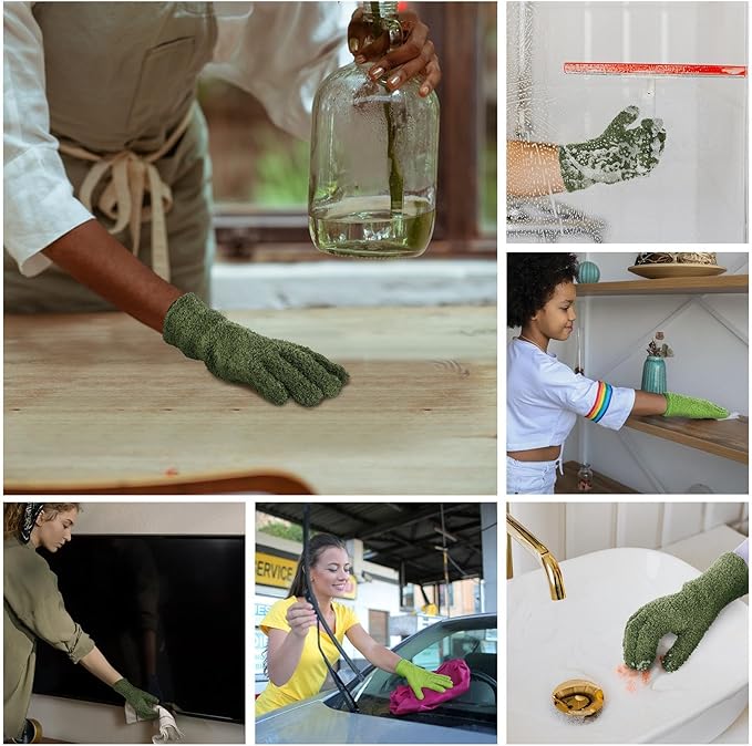 Patelai 2 Pairs Microfiber Gloves for plants Dusting Cleaning Glove Mittens House Cars Blinds Dusting(Olive Drab, Grass Green,Large)