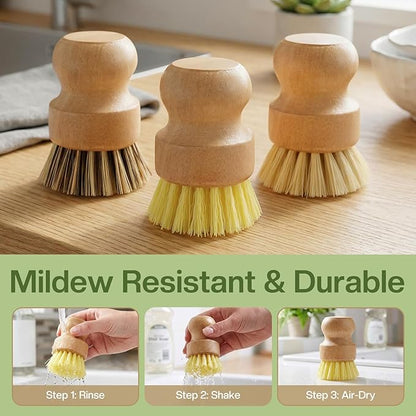 Wooden Dish Brush with Metal Stand Handheld Bamboo Wok Brush Scrubber for Dishes Pans Pots Fruit and Veggie Washing(3,Beige Brown Yellow)