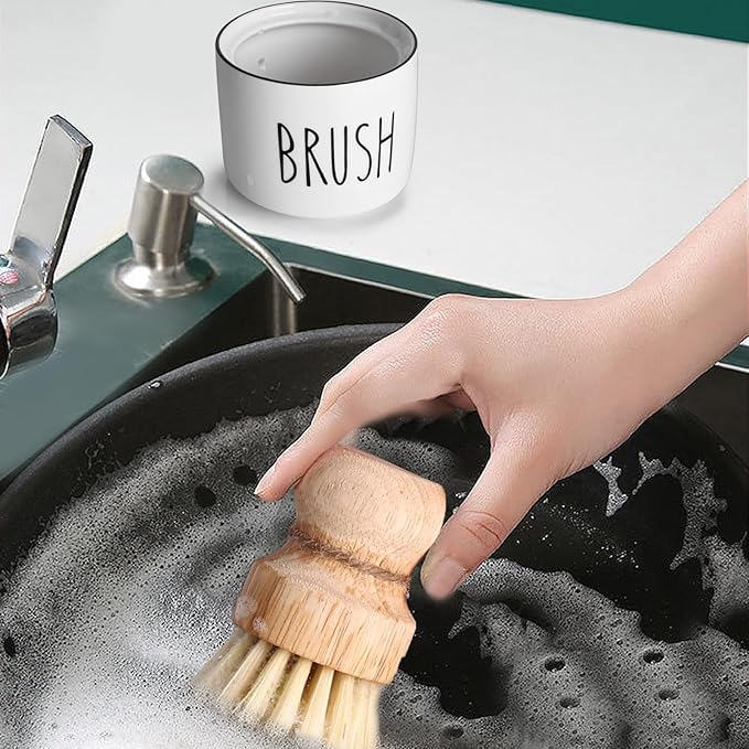 ONTUBE Ceramic Dish Brush Holder, Farmhouse Scrub Brush Holder Dishwashing Brush Stand, Soap Dispensing Kitchen Brushes Holder (White)
