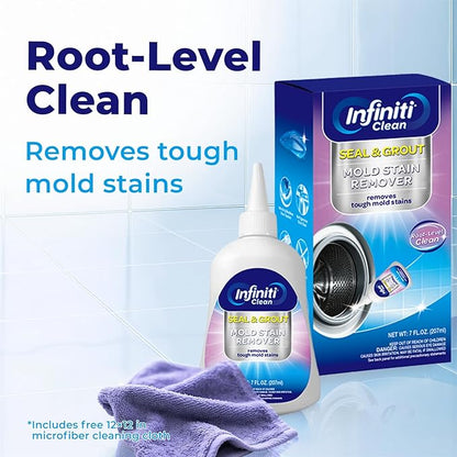 Mold Stain Remover Gel Cleaner Heavy Duty Cleaning Solution for Front Loader Washing Machine Seal, Bathroom Grout, Shower, Caulk - with 11.81" x 11.81" Purple Microfiber Cloth (7 fl oz)