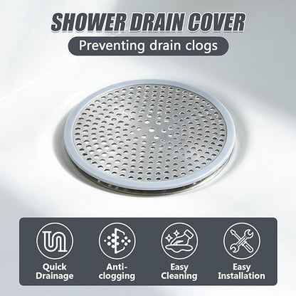 Shower Drain Cover, 4.72" Diameter Round Shower Drain Hair Catcher, Suitable for Bathroom and Kitchen, with Stainless Steel and Silicone Edges (Silver)
