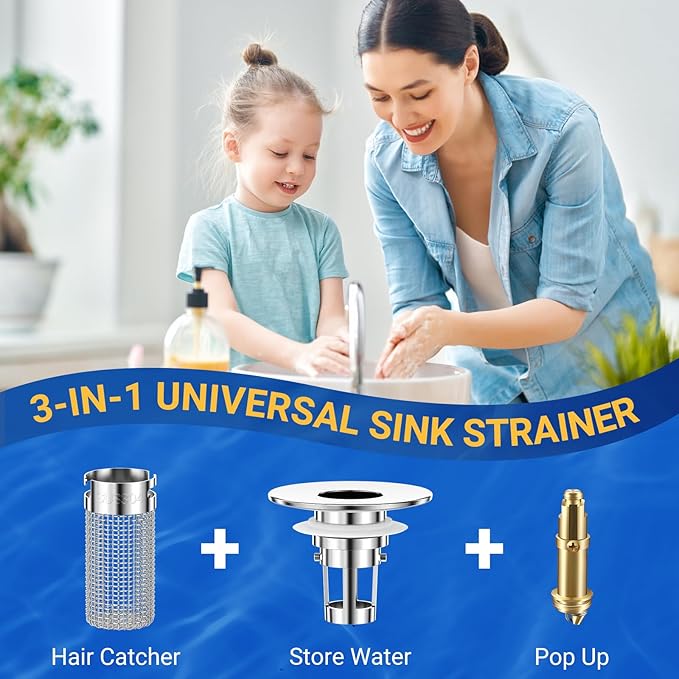 Bathroom Sink Drain Strainer, Pop-Up Bathroom Sink Stopper with Removable Stainless Steel Hair Catcher Basket, Universal Fit for US Bathroom Sinks, Showers & Floor Drains (4pcs)