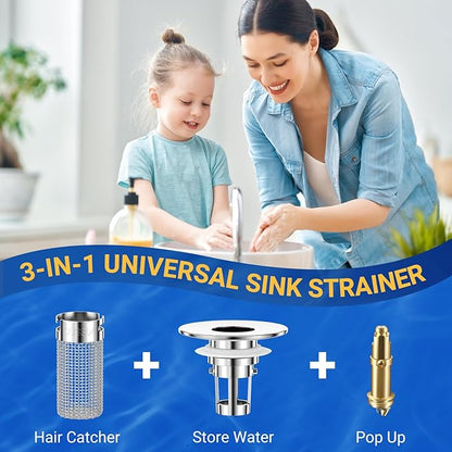Bathroom Sink Drain Strainer, Pop-Up Bathroom Sink Stopper with Removable Stainless Steel Hair Catcher Basket, Universal Fit for US Bathroom Sinks, Showers & Floor Drains (4pcs)
