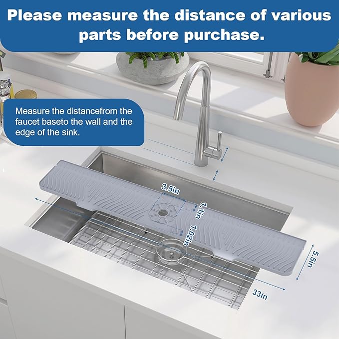33 inch Sink Splash Guard Mat, Sink Faucet Drying Mat, Silicone Faucet Handle Drip Catcher Tray, Longer Silicone Sink Mat for KitchenBathroom, Drip Protector Splash Countertop (Grey)
