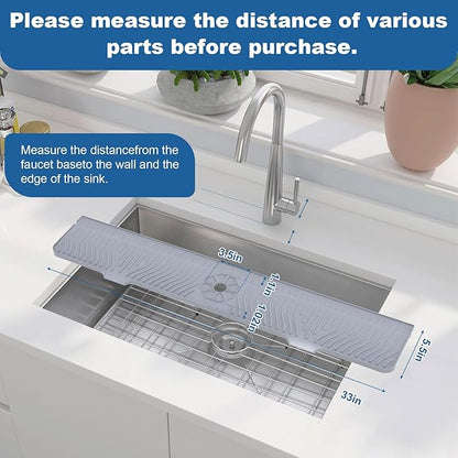 33 inch Sink Splash Guard Mat, Sink Faucet Drying Mat, Silicone Faucet Handle Drip Catcher Tray, Longer Silicone Sink Mat for KitchenBathroom, Drip Protector Splash Countertop (Grey)