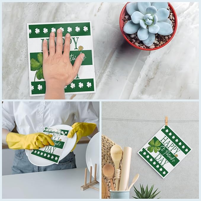 Swedish Dishcloths for Kitchen, St Patricks Day Green Shamrock Dish Rags Kitchen Dish Towels for Washing Dishes, 4 Pack Reusable Paper Towels, Sponge Cloths for Home Cleaning Baking Cooking