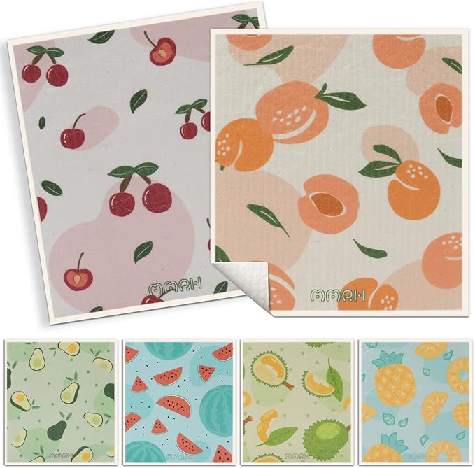 6 Pack Swedish Dishcloths for Kitchen |Watercolor Dish Towels | Reusable Paper Towels Washable | Non-Scratch Cellulose Sponge Cloths | No Odor, Biodegradable, Swedish Cloths, Fruits-1