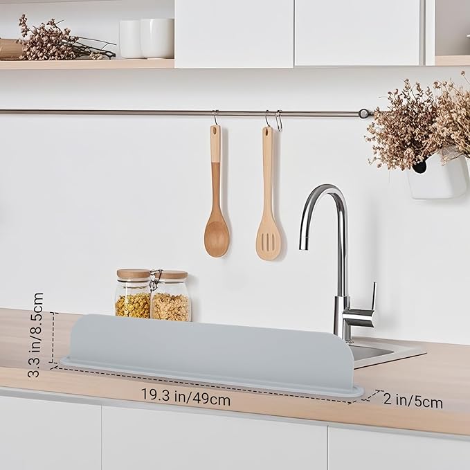 19.3 inch Kitchen Sink Splash Guard, Silicone Sink Baffle Splash Guard, Backsplash Protector for Kitchen Countertop & Bathroom Bathtub with Non-Slip Strong Suction, Gray, Pack of 2