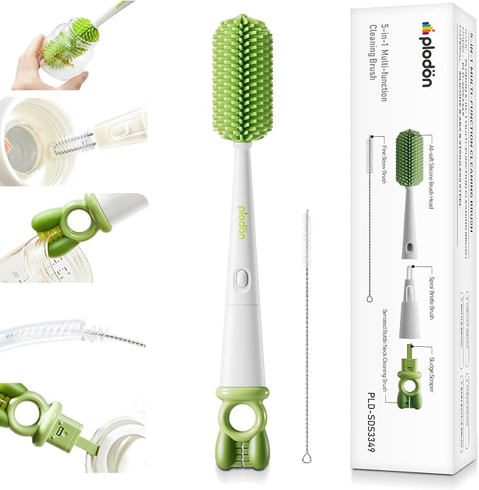 Detachable 5-in-1 Bottle Cleaning Brush Set - Silicone Baby Bottle Brush Cleaner Kit with Nipple Brush, Detail Brush & Straw Brush, Portable Long Handle Bottles Scrubber Cleaning Tool