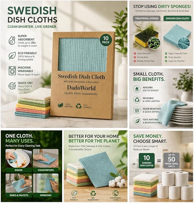 Swedish Dish Cloths 10 Pack – Super Absorbent Reusable Cleaning Cloths, Eco Friendly Biodegradable Kitchen Towels, Alternative to Paper Towels for Dishes, Counters & Home Cleaning