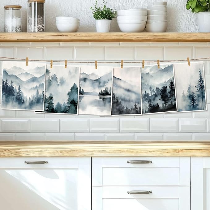 Whaline 6Pcs Dusty Blue Forest Swedish Dishcloths Cotton Kitchen Towels Reusable Absorbent Mountain Forest Dish Towels for Home Party Housewarming Cleaning, 7 x 8 Inch