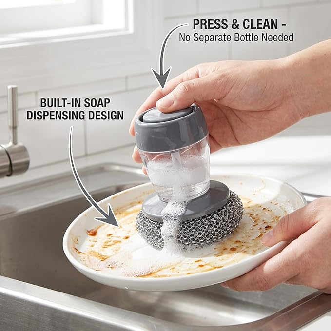 Comfort Grip Soap Dispensing Kitchen Scrub, Kitchen Scrub Brush with Built-in Soap Dispenser Without Soaps with Replaceable Head for Everyday Kitchens Cleanup, Busy Households (2 Set)