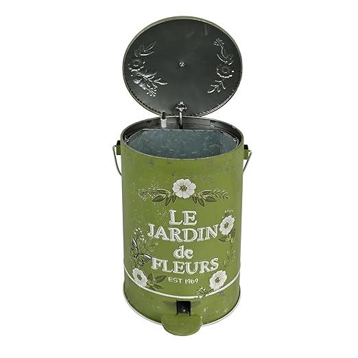 Rustic Farmhouse Decor Trash Can with Lid and Pedal Retro Handmade Distressed Design Pattern Round Garbage Cans Recycling Waste Bin for Home Patio Yard Bathroom Kitchen Garden Living Room Green