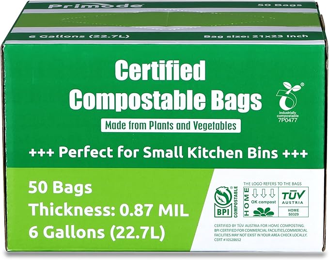 Compostable Bags 6 Gallon Food Scraps Yard Waste Bags, 50 Count, Extra Thick 0.87 Mil. ASTMD6400 Compost Bags Small Kitchen Trash Bags, Certified By BPI And TÜV AUSTRIA