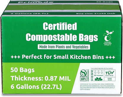 Compostable Bags 6 Gallon Food Scraps Yard Waste Bags, 50 Count, Extra Thick 0.87 Mil. ASTMD6400 Compost Bags Small Kitchen Trash Bags, Certified By BPI And TÜV AUSTRIA