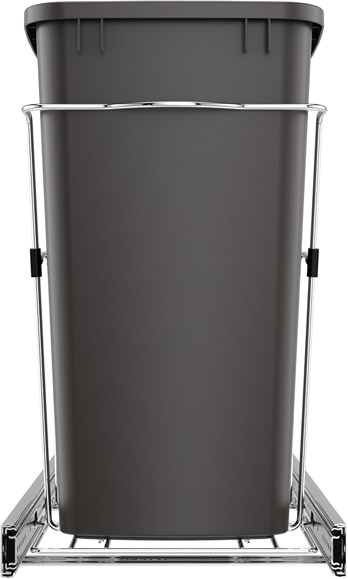 Rev-A-Shelf Single 35 Qt Pullout Trash Can for Base Kitchen Cabinets, Garbage Waste Bin System with Full Extension Slides, Min Opening Width of 11.5", Orion Gray, RV-12KD-13C-S