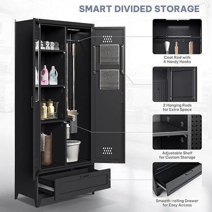 YITAHOME 71" Metal Garage Broom Cabinets with Adjustable Shelves, Vacuum Storage Cabinet with Doors and Drawer, Tool Storage Cabinet for Gym, Basement, Warehouse, Black, Metal