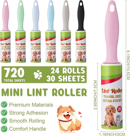 Hushee Mini Lint Roller for Travel Small Lint Removers for Pet Hair and Clothes Travel Size Removers Sticky Removing Tool for Travel, Gift Bags, Furniture, Car Seat(24 Pcs)