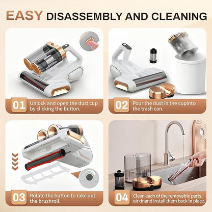 Cordless Mattress Vacuum Cleaner, 16Kpa Bed Vacuum with 253.7nm UV-C Light & Ultrasonic Tech, HEPA Filter, Portable Handheld Vacuum for Bed Sofa Couch Crib & Pet Hair (White)