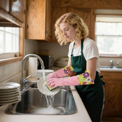Bamllum 2 Pairs Rubber Cleaning Gloves, Household Kitchen Dishwashing Gloves with Cotton Flocked Liner, Long Cuff 16 Inches (Yellow+Pink, Small)