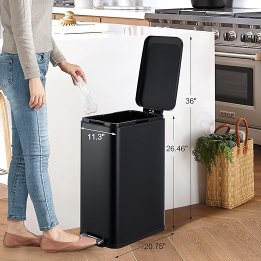 13-Gallon Kitchen Trash Can, 50-Liter Slim Stainless Steel Pedal Trash Bin, Pedal Trash Can with Soft-Close Lid, Fingerprint-Resistant, with Removable Inner Bucket, Suitable for Small Spaces,Black