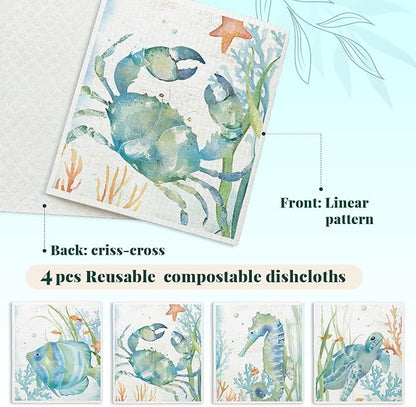 Ocean Turtle Fish Swedish Dishcloths for Kitchen, 4 Pack Ocean Summer Gifts Swedish Dish Cloths Towels for Kitchen Bathroom Office Housewarming Gifts, Papaya Reusable Paper Towels Washable