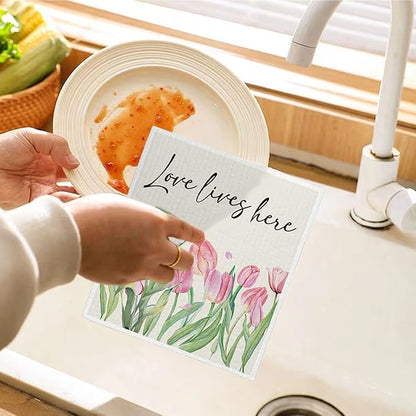 Hello Spring Decor Swedish Dishcloths, Pink Tulips, 4 Pack Reusable Paper Towels, Cotton and Wood Pulp Blend, 6.7 x 7.5 Inches