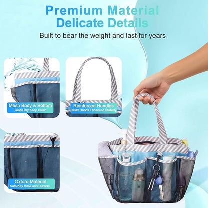Haundry Mesh Shower Caddy Portable for College Dorm Room Essentials, Shower Caddy Tote with 8 Pockets Large Capacity, Shower Bag for Beach, Swimming, Gym, Light Blue