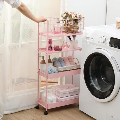 KINGRACK Slim Storage Cart, 4-Tier Metal Utility Rolling Cart with Wheels,Bathroom Organizer, Skinny Rolling Trolley, Mobile Shelving Unit for Office, Laundry Room, Narrow Place,Pink