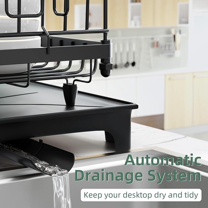 Dish Drying Rack, Dish Rack with Auto-Drainboard Rustproof Kitchen Counter Strainer with Cutlery & Cup Holders—Compact Space Saver for Small Spaces, Black