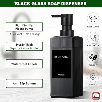 GMISUN Dish Soap Dispenser for Kitchen, 12 fl oz / 350 ml Dual Kitchen Soap Dispensers with Sponge Holder, Transparent Black Glass Kitchen Soap Dispenser Set, Modern Hand and Dish Soap Bottle Set