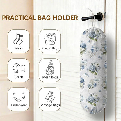 Plastic Bag Holder Dispenser, Floral Plastic Grocery Bag Organizer & Wall Mount Paper Trash Bags Saver Storage for Kitchen Home Pantry Decor, Hydrangea Floral Kitchen Decor