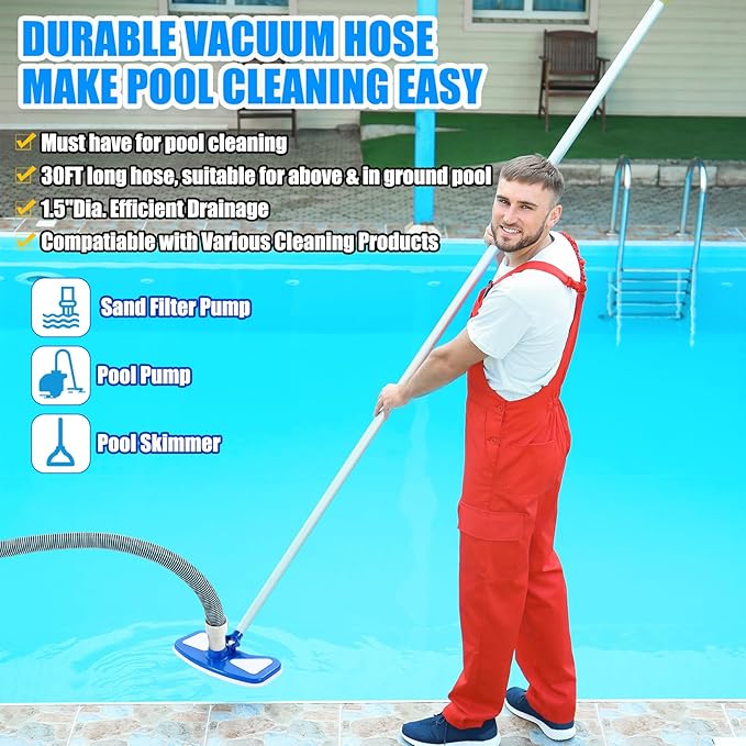 3 Pcs Pool Cleaning Kit Swimming Pool Vacuum Head Hoses 1-1/2" x 30ft with Swivel Wheel Vacuum Head and 14 '' Brush for Inground & Above Ground Pools Spas Ponds Cleaning Manual(Classic)