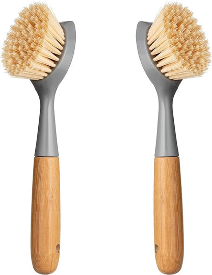 2 Pack Kitchen Dish Brush Bamboo Handle Dish Scrubber Built-in Scraper, Scrub Brush for Pans, Pots, Kitchen Sink Cleaning, Dishwashing and Cleaning Brushes are Perfect Cleaning Tools, Color-Gray