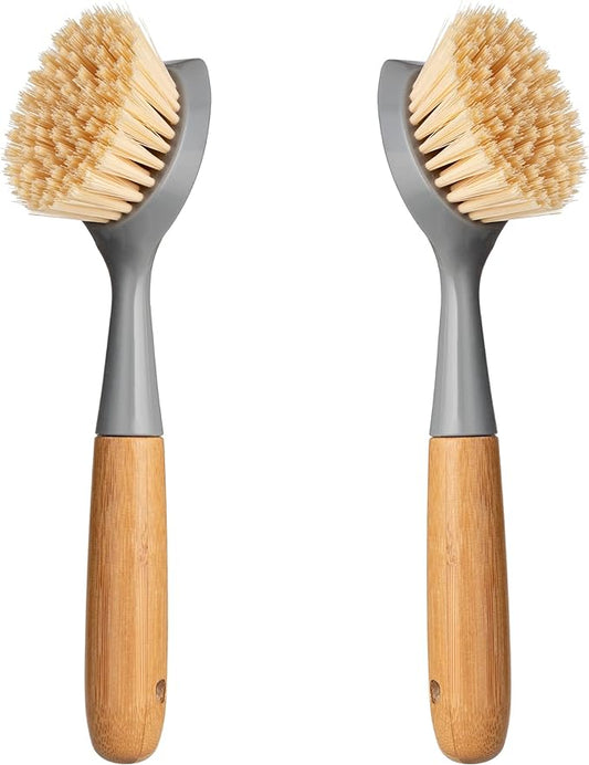 2 Pack Kitchen Dish Brush Bamboo Handle Dish Scrubber Built-in Scraper, Scrub Brush for Pans, Pots, Kitchen Sink Cleaning, Dishwashing and Cleaning Brushes are Perfect Cleaning Tools, Color-Gray