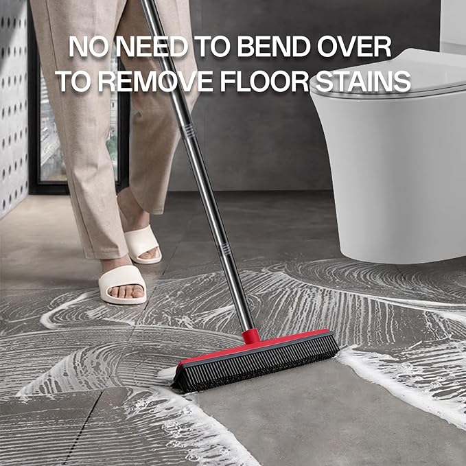 Rubber Broom Pet Hair Remover for Carpet with Squeegee - 50" (130cm) Sturdy 4-Piece Sectional Handle, 3-Level Adjustable Height Silicone Broom for Rugs, Tile, Hardwood Floors & Windows