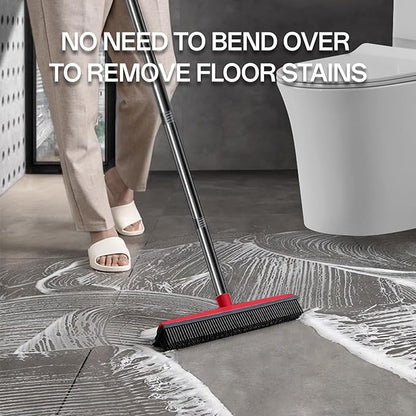 Rubber Broom Pet Hair Remover for Carpet with Squeegee - 50" (130cm) Sturdy 4-Piece Sectional Handle, 3-Level Adjustable Height Silicone Broom for Rugs, Tile, Hardwood Floors & Windows