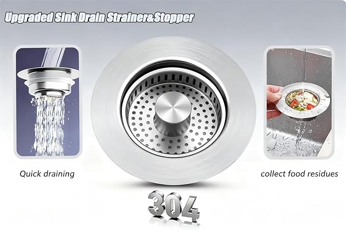3-in-1 Kitchen Sink Drain Strainer Stopper, 304 Stainless Steel Pop Up Drain Plug, Anti-Clog Odor Prevention Sink Basket, Tool-Free Easy Install, Fits US Standard 3-1/2" Drain Hole, 2 Pack